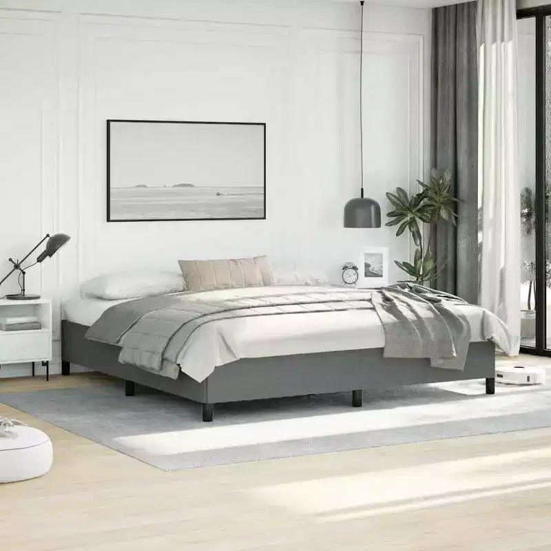 Bed Frame Dark Gray Polyester Fabric, Plywood, Engineered Wood King