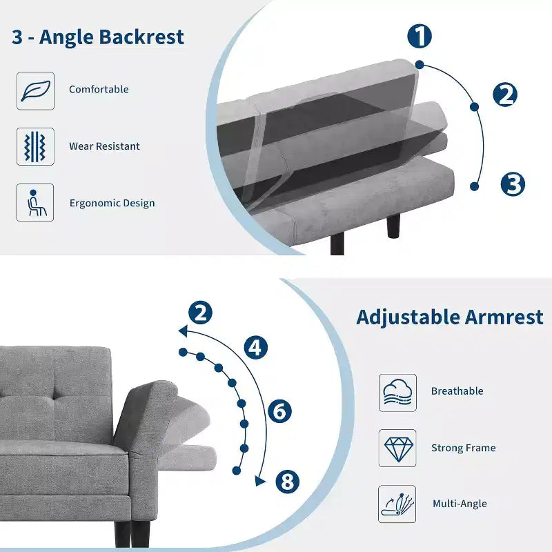 Divano Letto Futon Moderno, Schienale e Braccioli Regolabili, Convertibile per Soggiorno Camera da Letto