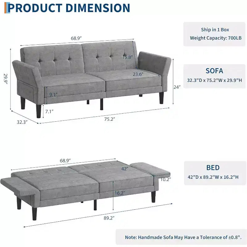 Divano Letto Futon Moderno, Schienale e Braccioli Regolabili, Convertibile per Soggiorno Camera da Letto
