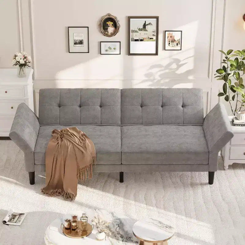 Divano Letto Futon Moderno, Schienale e Braccioli Regolabili, Convertibile per Soggiorno Camera da Letto