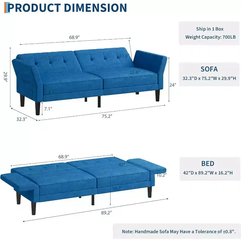 Divano Letto Futon Moderno, Schienale e Braccioli Regolabili, Convertibile per Soggiorno Camera da Letto