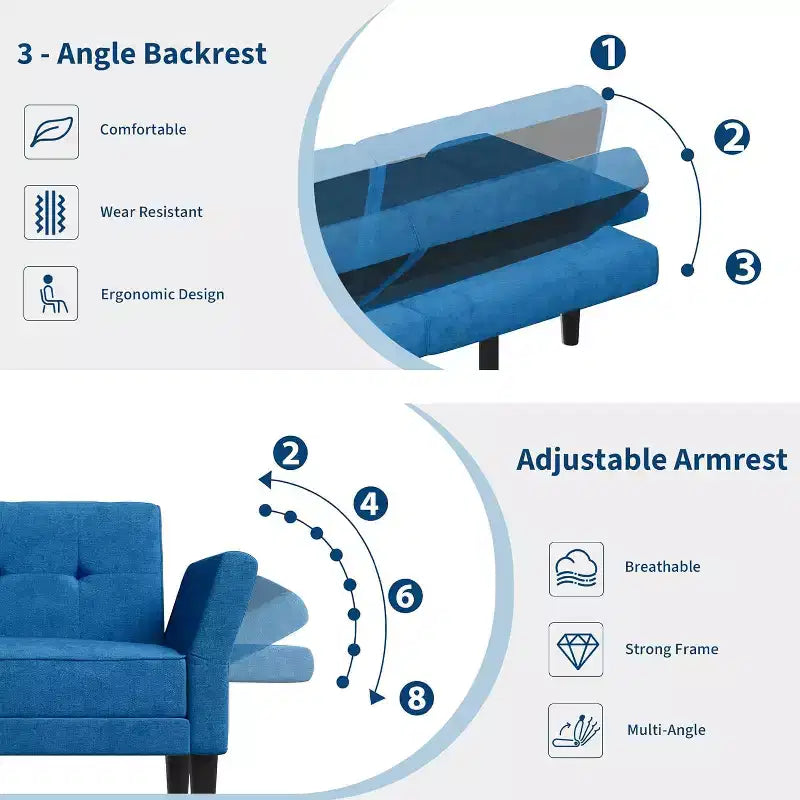 Divano Letto Futon Moderno, Schienale e Braccioli Regolabili, Convertibile per Soggiorno Camera da Letto
