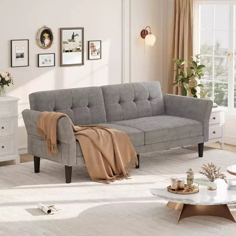 Divano Letto Futon Moderno, Schienale e Braccioli Regolabili, Convertibile per Soggiorno Camera da Letto