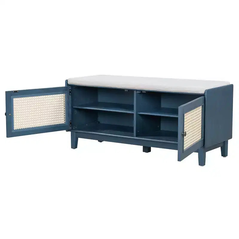 Panca Contenitore Boho per Ingresso, Panca Porta Scarpe in Legno, Panca Imbottita con Ante Doppie