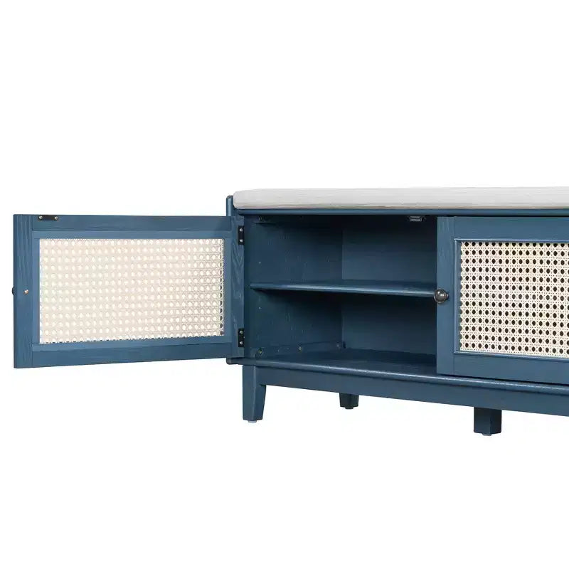 Panca Contenitore Boho per Ingresso, Panca Porta Scarpe in Legno, Panca Imbottita con Ante Doppie
