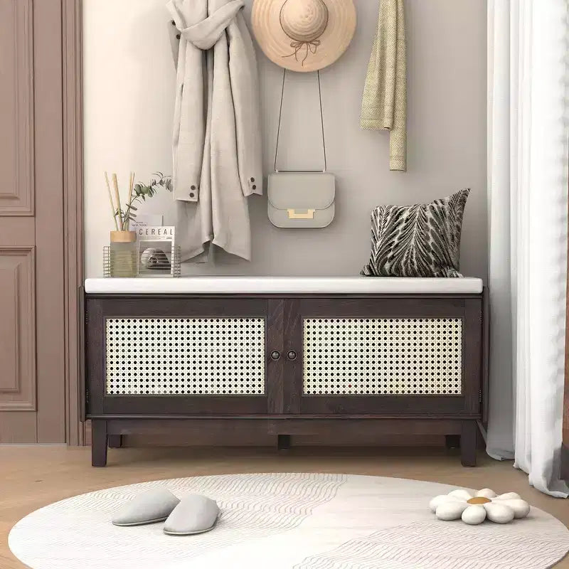 Panca Contenitore Boho per Ingresso, Panca Porta Scarpe in Legno, Panca Imbottita con Ante Doppie