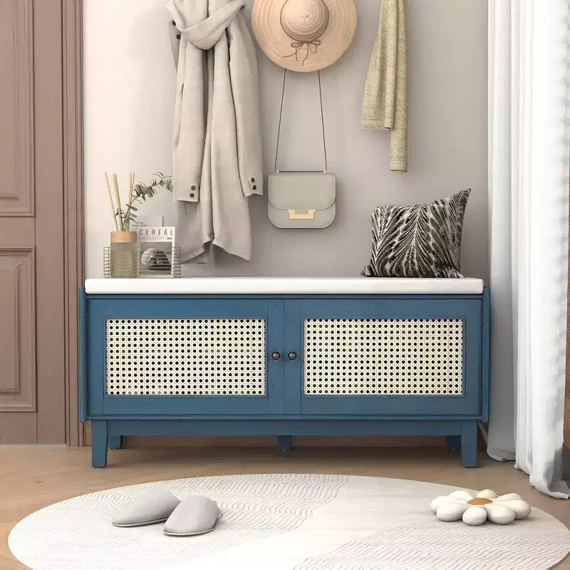Panca Contenitore Boho per Ingresso, Panca Porta Scarpe in Legno, Panca Imbottita con Ante Doppie