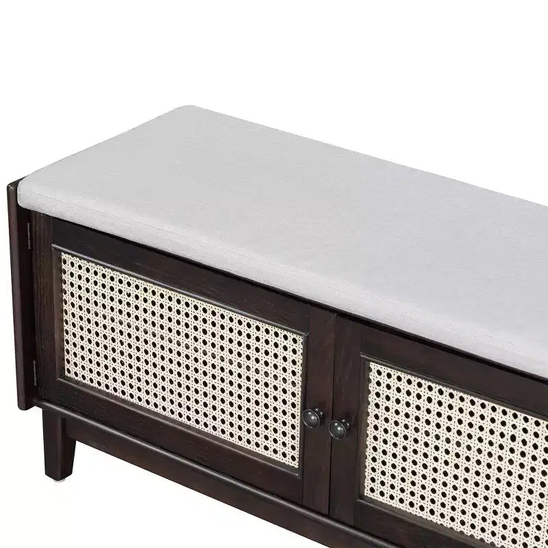 Panca Contenitore Boho per Ingresso, Panca Porta Scarpe in Legno, Panca Imbottita con Ante Doppie