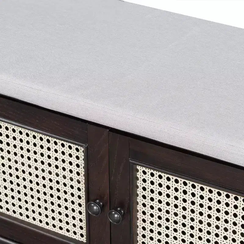 Panca Contenitore Boho per Ingresso, Panca Porta Scarpe in Legno, Panca Imbottita con Ante Doppie