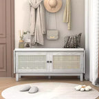 Panca Contenitore Boho per Ingresso, Panca Porta Scarpe in Legno, Panca Imbottita con Ante Doppie