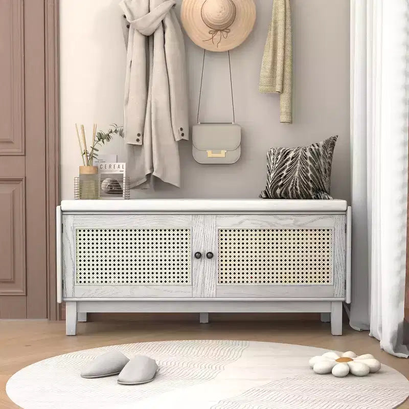 Panca Contenitore Boho per Ingresso, Panca Porta Scarpe in Legno, Panca Imbottita con Ante Doppie