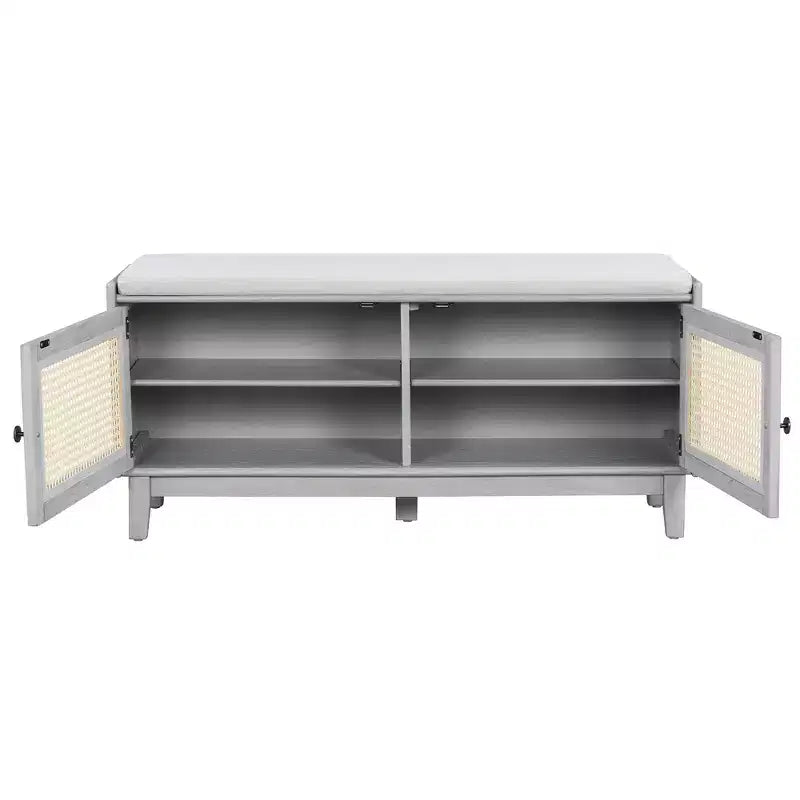 Panca Contenitore Boho per Ingresso, Panca Porta Scarpe in Legno, Panca Imbottita con Ante Doppie