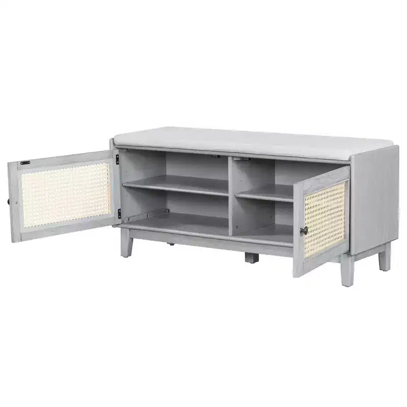 Panca Contenitore Boho per Ingresso, Panca Porta Scarpe in Legno, Panca Imbottita con Ante Doppie