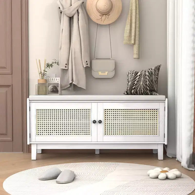 Panca Contenitore Boho per Ingresso, Panca Porta Scarpe in Legno, Panca Imbottita con Ante Doppie