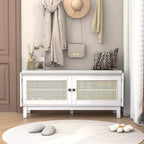 Panca Contenitore Boho per Ingresso, Panca Porta Scarpe in Legno, Panca Imbottita con Ante Doppie
