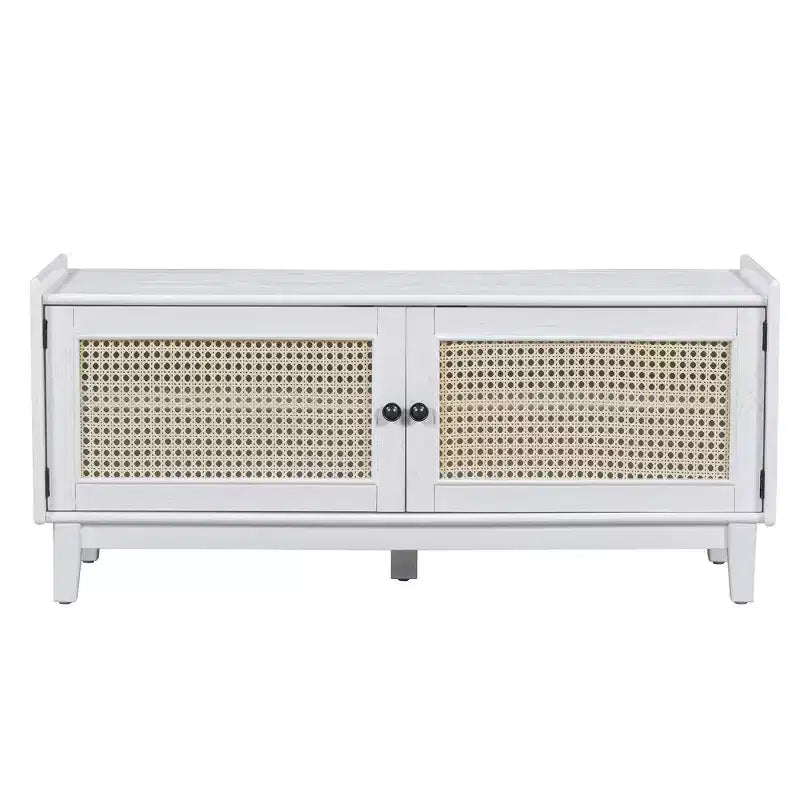 Panca Contenitore Boho per Ingresso, Panca Porta Scarpe in Legno, Panca Imbottita con Ante Doppie