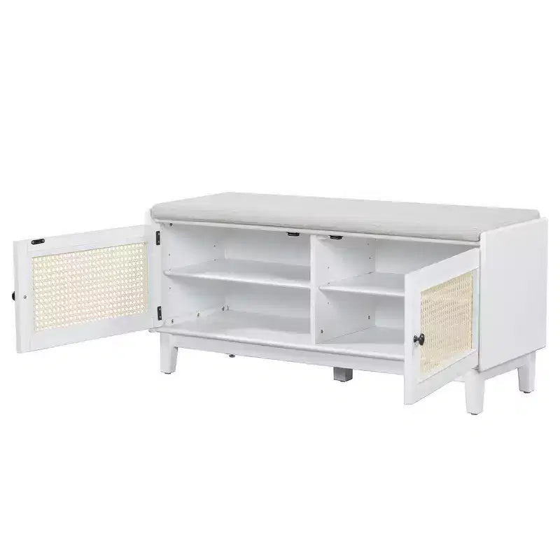 Panca Contenitore Boho per Ingresso, Panca Porta Scarpe in Legno, Panca Imbottita con Ante Doppie