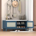 Whisen Boho Entryway Storage Bench, Wooden Shoe Bench, Cushioned Bench with Double Doors