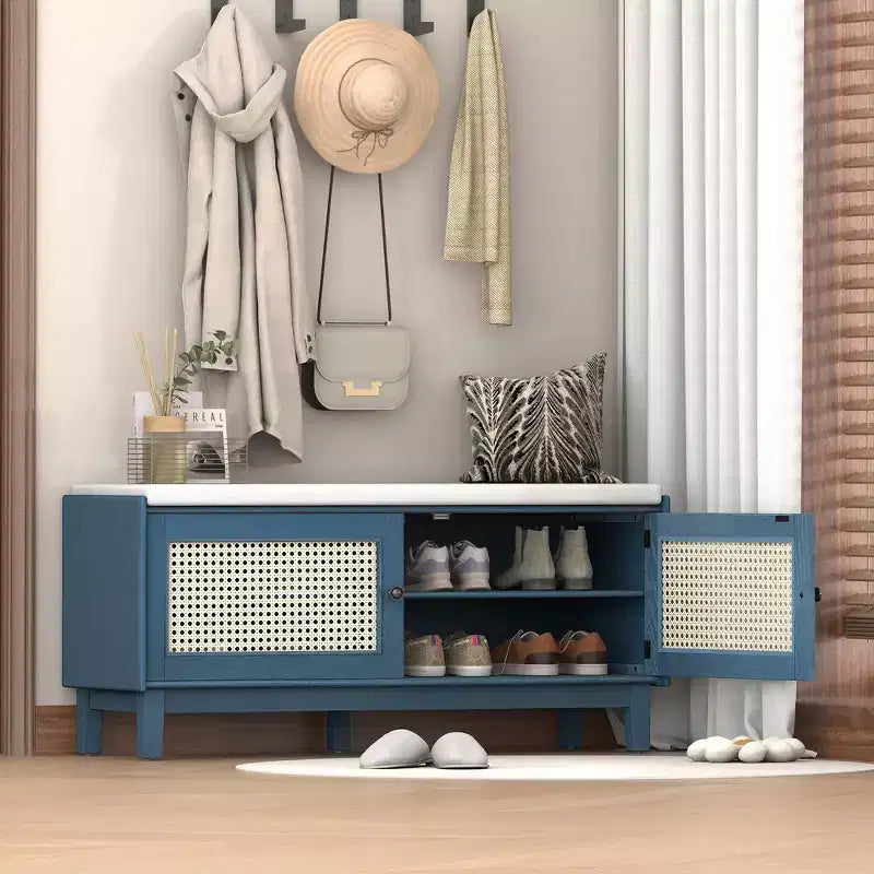 Whisen Boho Entryway Storage Bench, Wooden Shoe Bench, Cushioned Bench with Double Doors