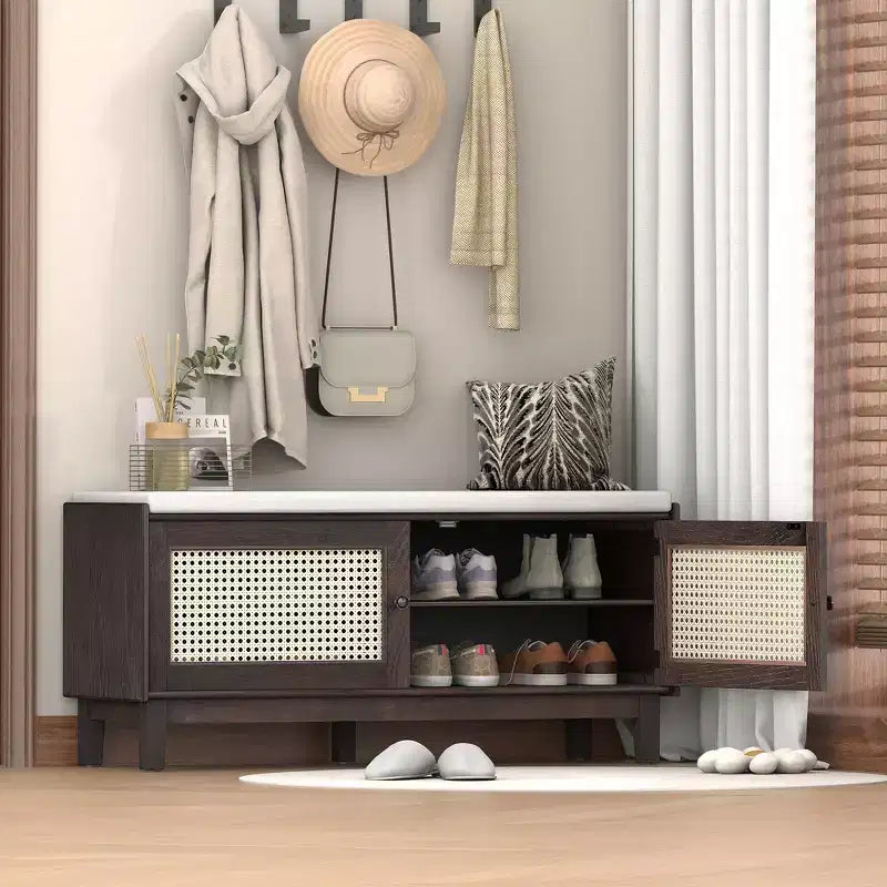 Panca Contenitore Boho per Ingresso, Panca Porta Scarpe in Legno, Panca Imbottita con Ante Doppie