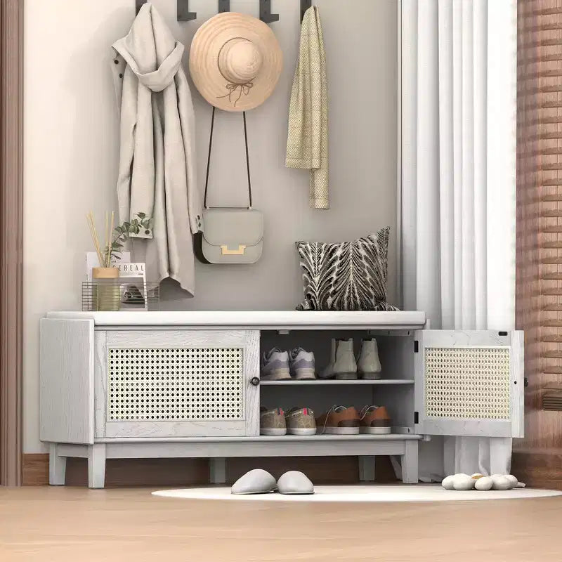 Panca Contenitore Boho per Ingresso, Panca Porta Scarpe in Legno, Panca Imbottita con Ante Doppie