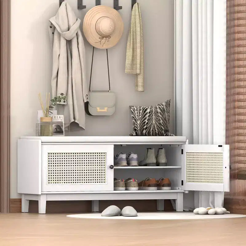 Panca Contenitore Boho per Ingresso, Panca Porta Scarpe in Legno, Panca Imbottita con Ante Doppie