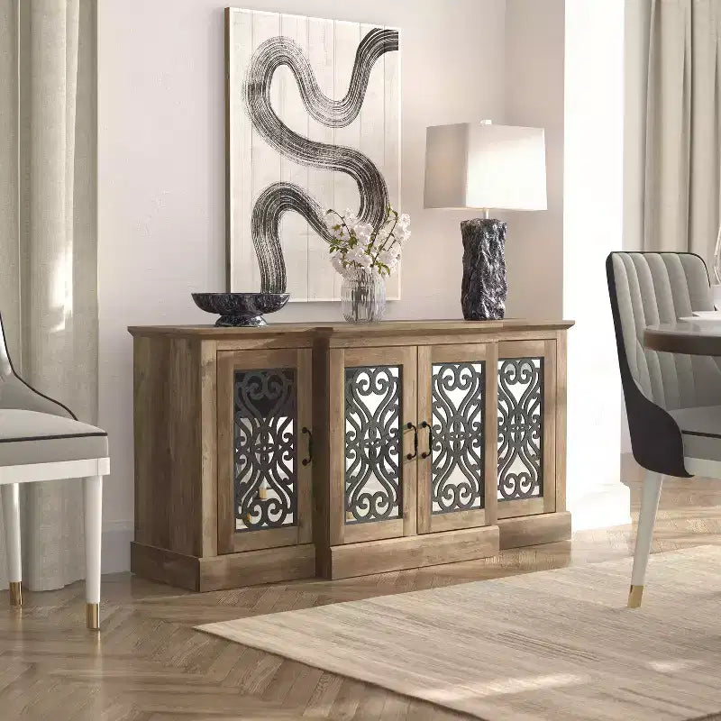 Madia a 4 ante con vano a giorno a specchio, 60,4"L x 18,2"P x 29,3"H