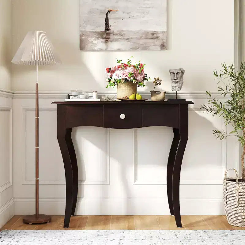 Console da Ingresso con Cassetto, Struttura in Legno Massello, Guide in Metallo per Cassetti