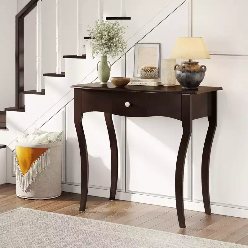 Console da Ingresso con Cassetto, Struttura in Legno Massello, Guide in Metallo per Cassetti