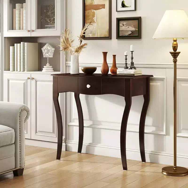 Console da Ingresso con Cassetto, Struttura in Legno Massello, Guide in Metallo per Cassetti