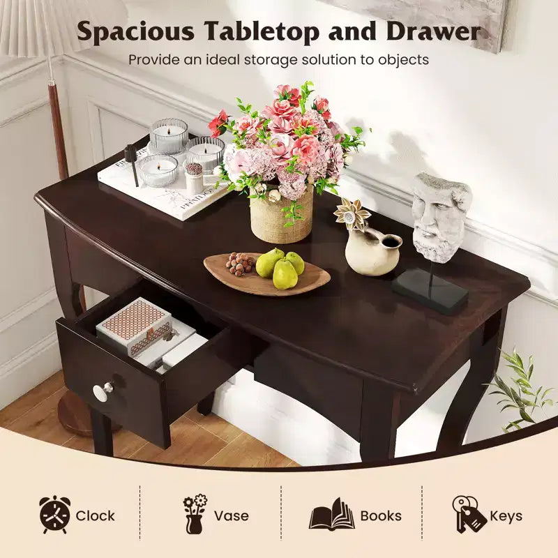 Console da Ingresso con Cassetto, Struttura in Legno Massello, Guide in Metallo per Cassetti