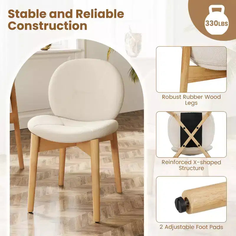 Set di 2 sedie da pranzo in legno, sedie da cucina imbottite in morbido bouclé con seduta curva