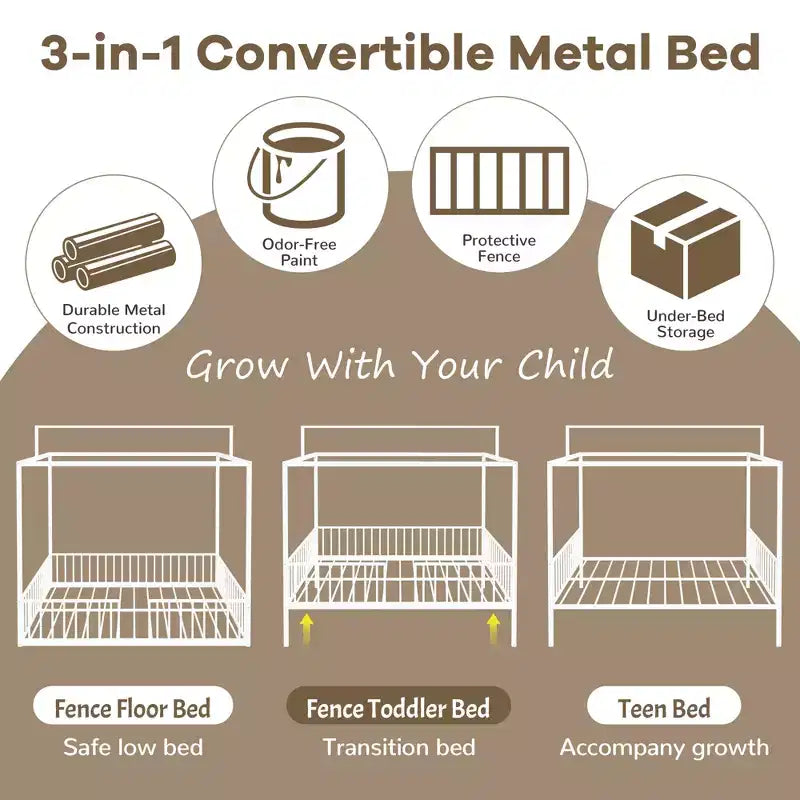 Letto a capanna 3 in 1 moderno e minimalista con telaio a baldacchino e robuste doghe in metallo