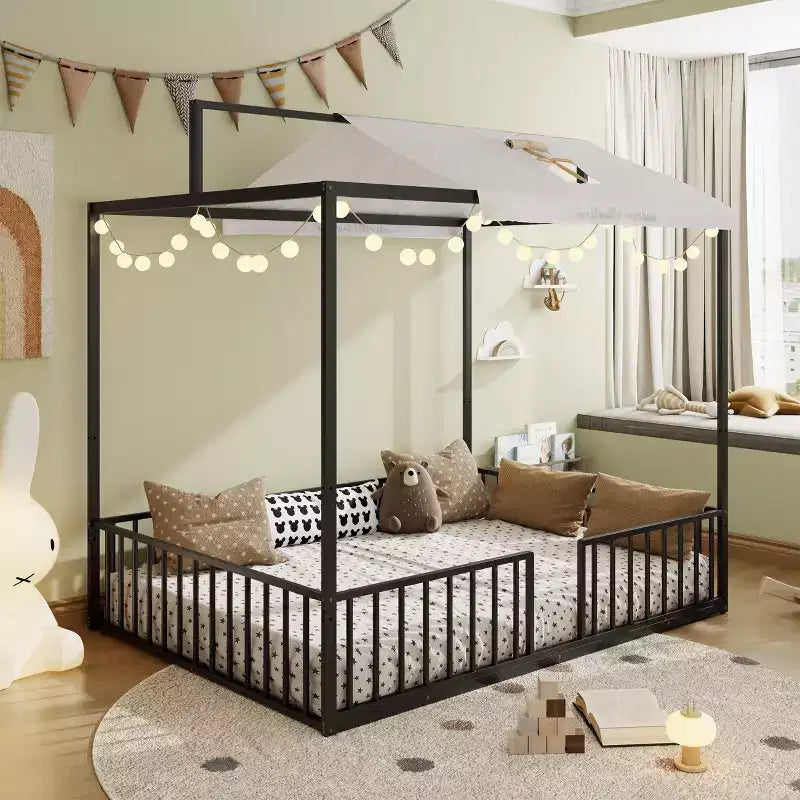 GDFStudio Dana 3-in-1 Modern Minimalist House Bed with Canopy Frame and Sturdy Metal Slats
