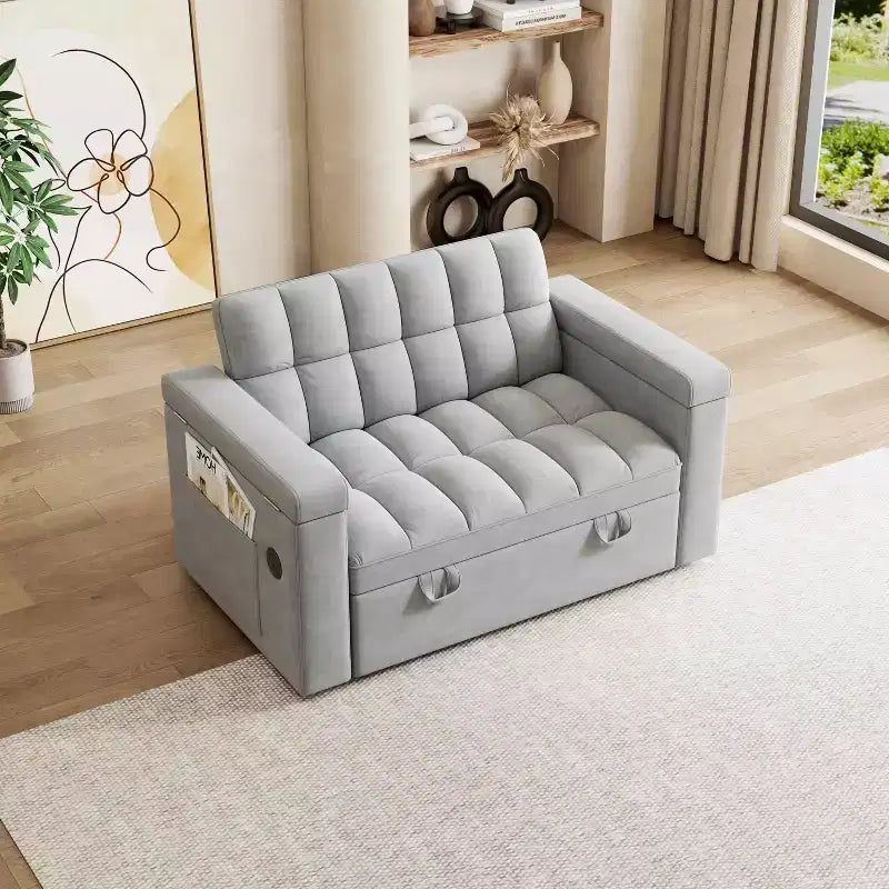 MAYEERTY 65 inch 3-in-1 Foldable Large Computer Desck Sofa Bed, Modern Velvet Double Sofa with Adjustable Backrest Storage Bag Pillow Light Gray