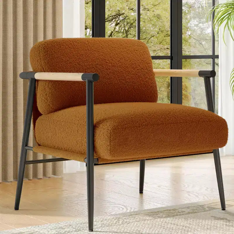 Comfy Chair, Modern Accent Chair with Metal Frame, Cozy Reading Chair with Soft Cushion & Wood Armrest for Bedroom, Living Room