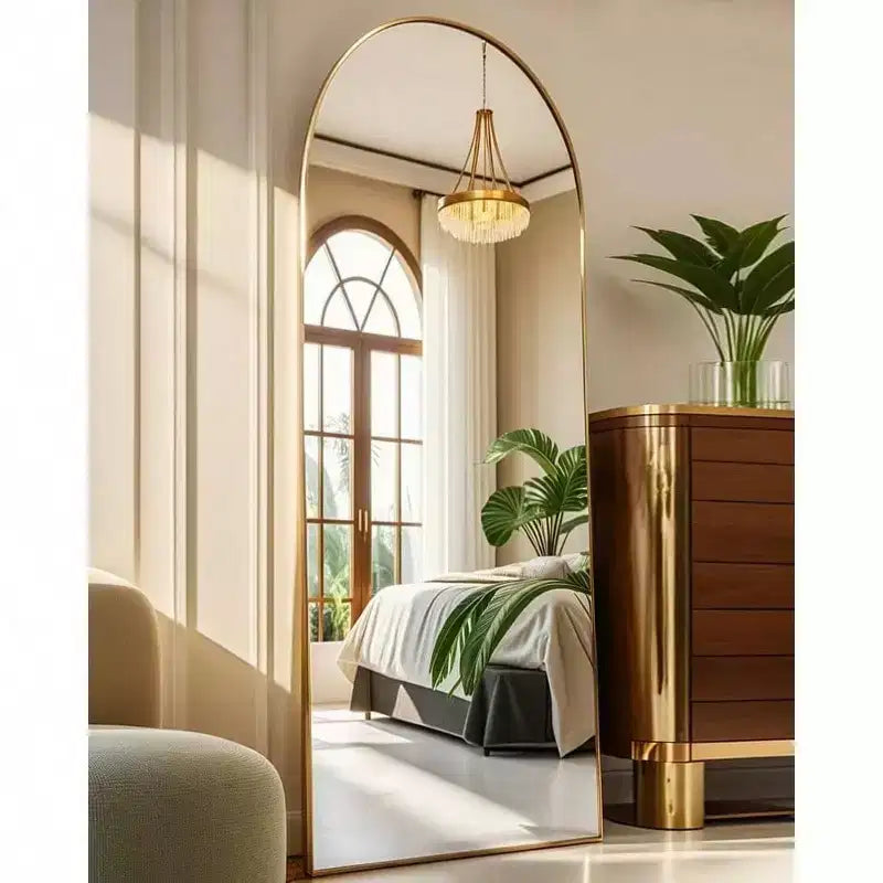 58 Inch Arched Full Length Mirror Gold Floor Mirror with Stand Freestanding Wall Mounted Bedroom Dressing Room Mirror