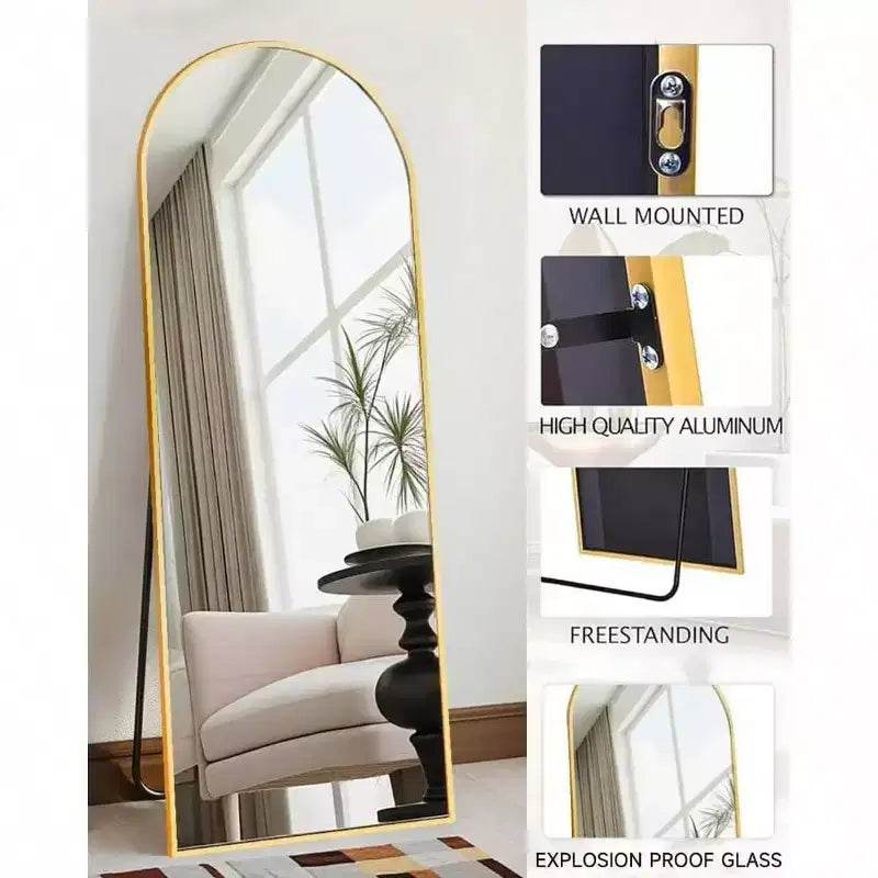 Specchio ad arco a figura intera da 147 cm, specchio da terra dorato con supporto, specchio da parete indipendente per camera da letto e spogliatoio