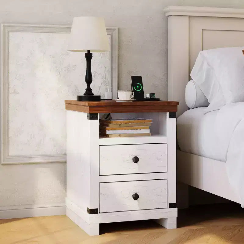 Nightstand with Charging Station, Wooden End Table with USB Ports & Power Outlets, 2 Drawer BedSide Table