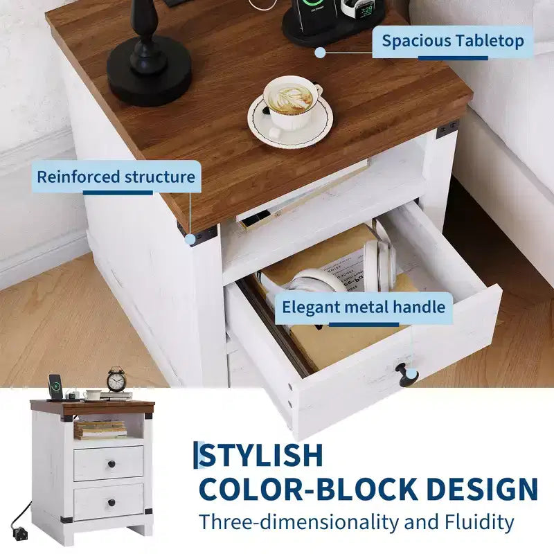 Comodino con Stazione di Ricarica, Tavolino Laterale in Legno con Porte USB e Prese di Corrente, Comodino a 2 Cassetti