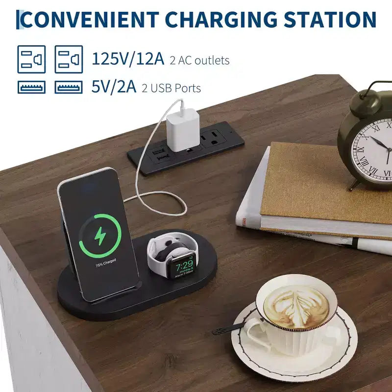 Comodino con Stazione di Ricarica, Tavolino Laterale in Legno con Porte USB e Prese di Corrente, Comodino a 2 Cassetti