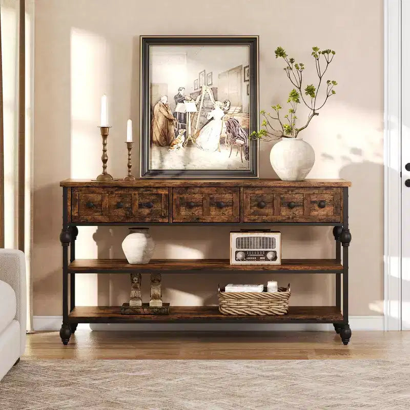 52 Industrial Console Table with 3 Storage Drawers - 3-Tier Metal Sofa Table for Entryway, Living Room, Hallway & Behind Couch