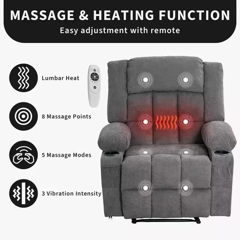 Poltrona Massaggiante Reclinabile con Vibrazione e Calore Lombare per Adulti, Ergonomica, Ampia, Singola, con 3 Posizioni, 2 Tasche Laterali e Portabicchieri
