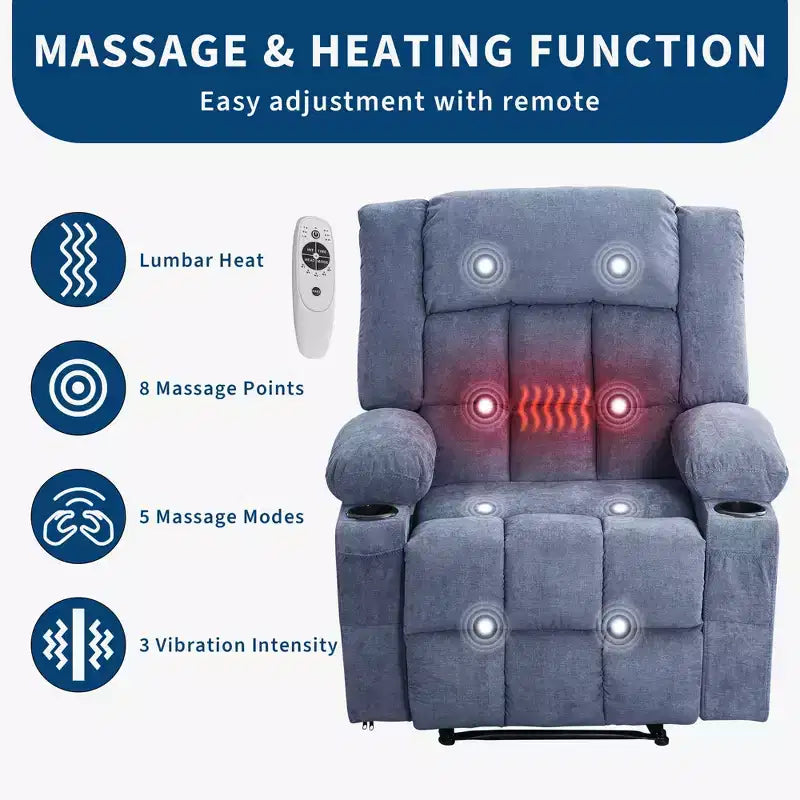 Poltrona Massaggiante Reclinabile con Vibrazione e Calore Lombare per Adulti, Ergonomica, Ampia, Singola, con 3 Posizioni, 2 Tasche Laterali e Portabicchieri