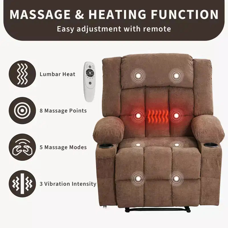 Poltrona Massaggiante Reclinabile con Vibrazione e Calore Lombare per Adulti, Ergonomica, Ampia, Singola, con 3 Posizioni, 2 Tasche Laterali e Portabicchieri