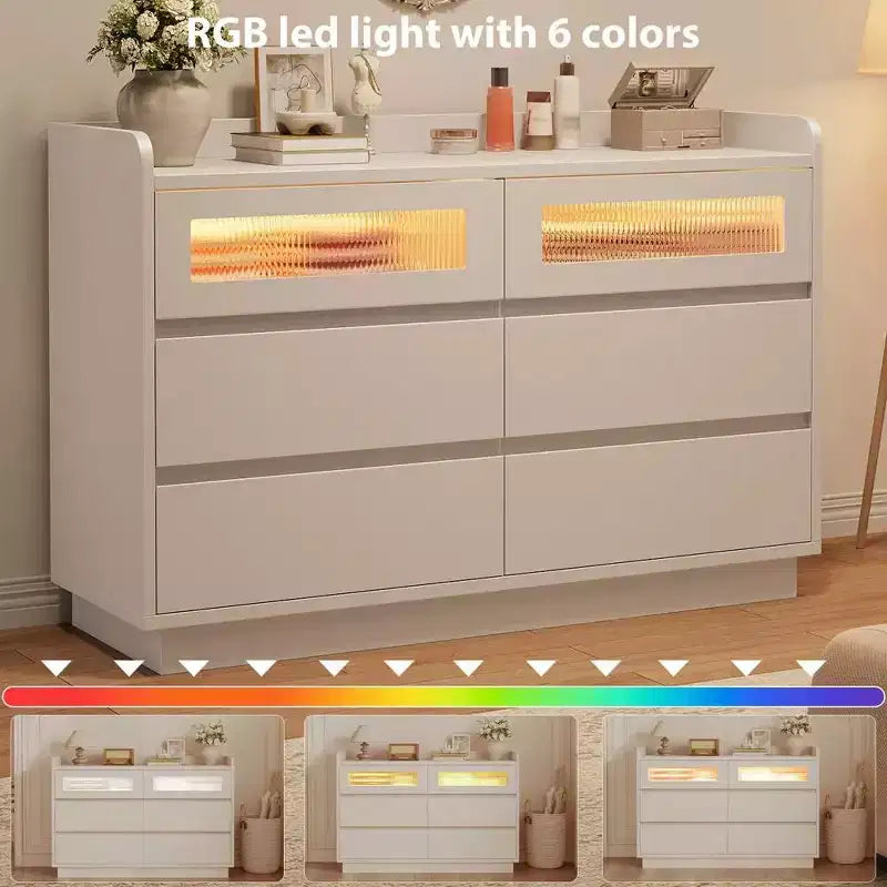 Cassettiera moderna a 6 cassetti con luci LED integrate, larghezza 119 cm. Cassettiera contenitore in legno bianco per camera da letto, soggiorno o ingresso.