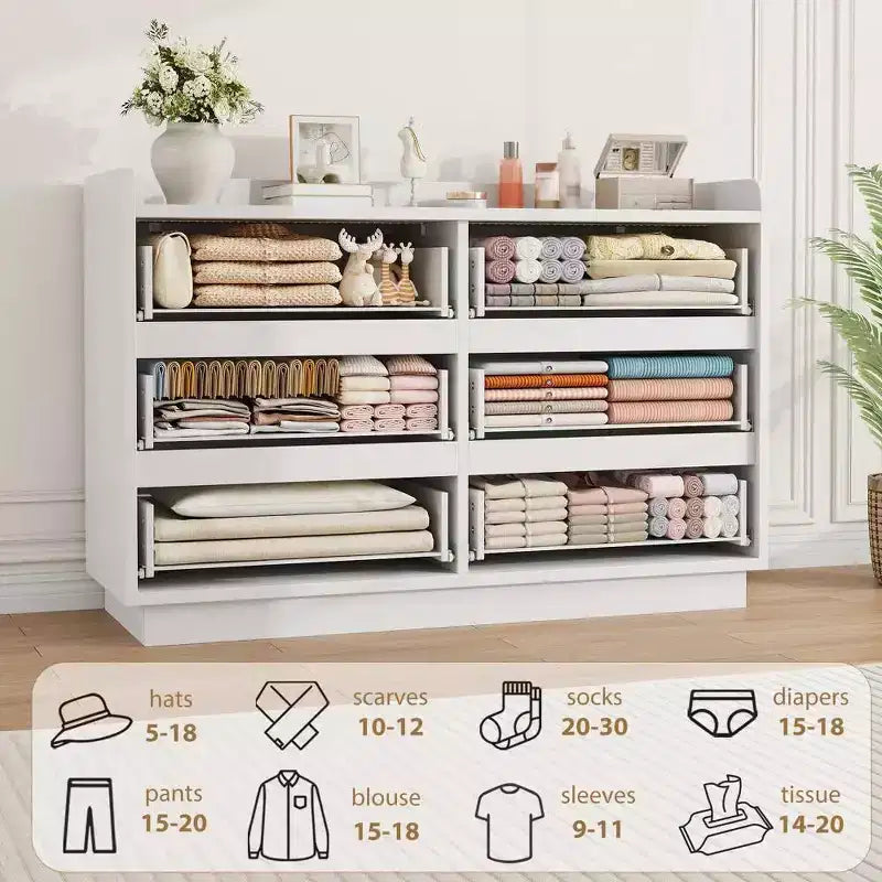 Cassettiera moderna a 6 cassetti con luci LED integrate, larghezza 119 cm. Cassettiera contenitore in legno bianco per camera da letto, soggiorno o ingresso.