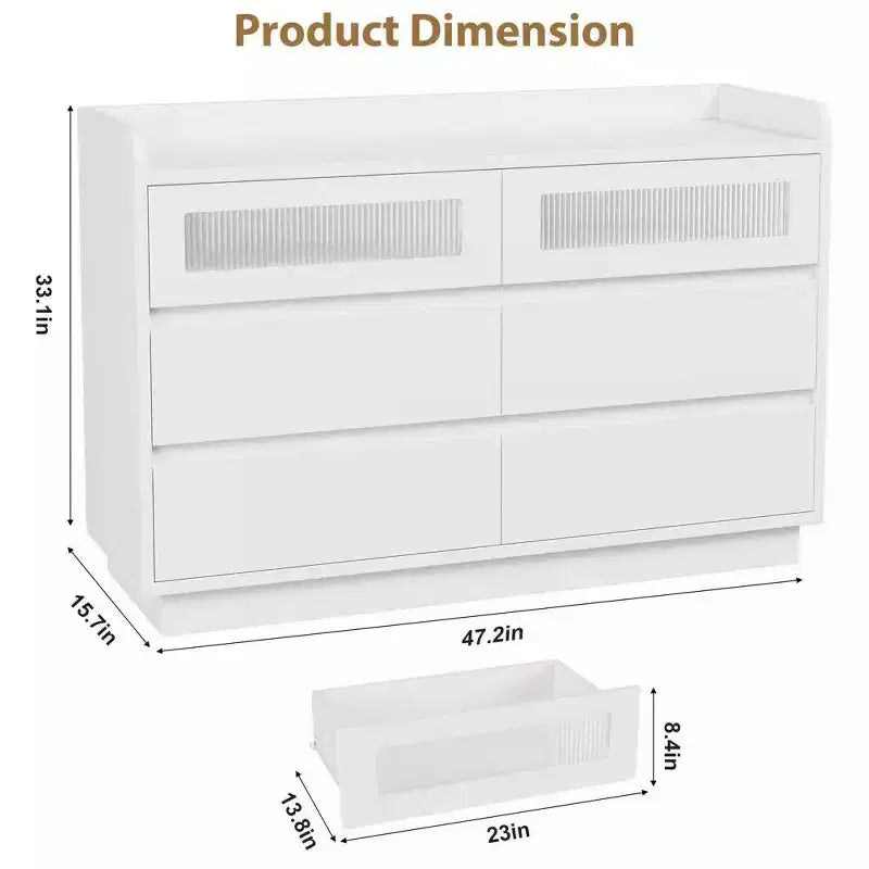 Cassettiera moderna a 6 cassetti con luci LED integrate, larghezza 119 cm. Cassettiera contenitore in legno bianco per camera da letto, soggiorno o ingresso.