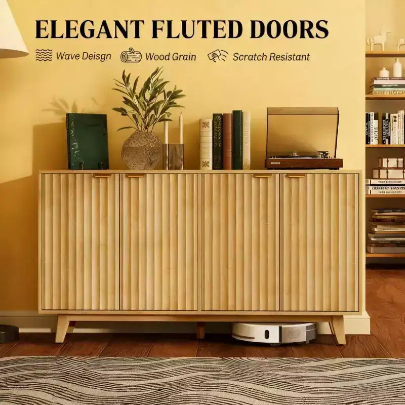 Mobile credenza da soggiorno moderno con scanalature e design ondulato, 2/4 ante, credenza decorativa da dispensa