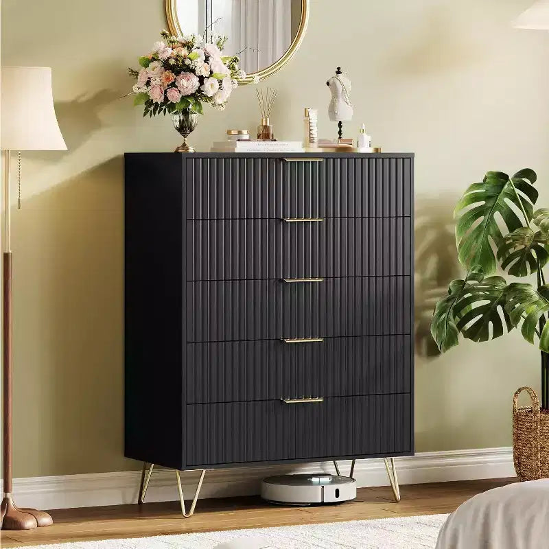 Fluted Dresser for Bedroom with 5 Drawers,32 Wide Modern Chest of Wooden Bedroom Chest with Metal Handle, Wide Clothes Storage Organizer TV Stand